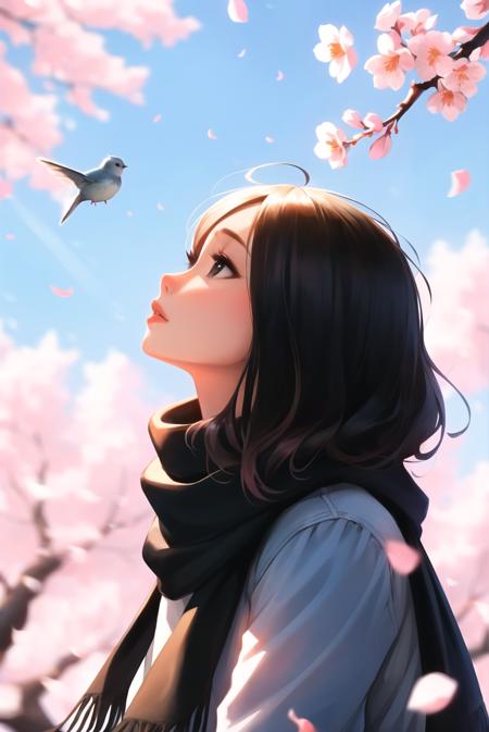 3978514001-1197935153-sam yang,__1girl, bird, black eyes, black hair, blurry, blurry background, cherry blossoms, lips, long-tailed tit, looking up, m.png